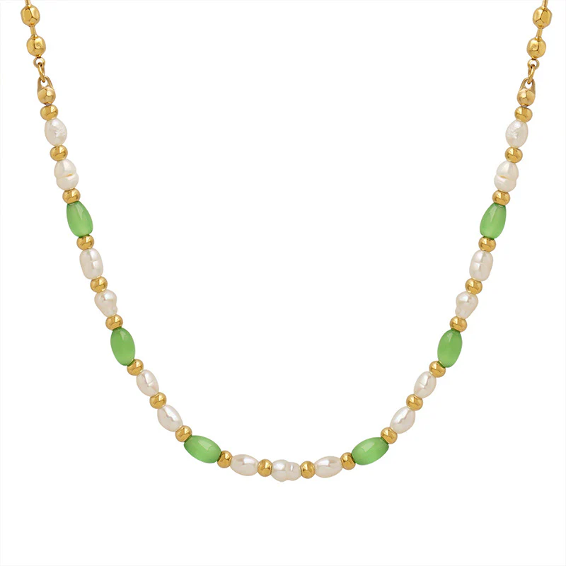 Green Cat Eye Stone and Gold Beads Freshwater Pearl Necklace