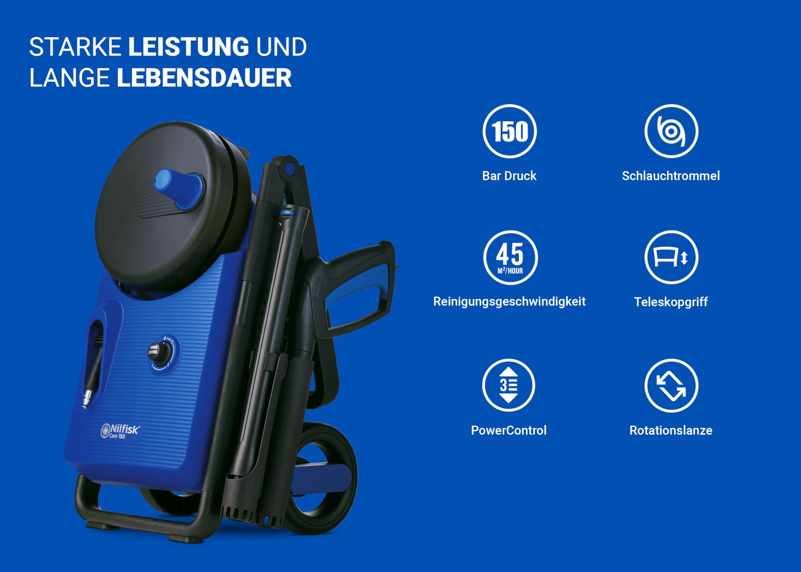 Nilfisk Hochdruckreiniger Core 150 Bar, PowerControl, 2000 W, ideal für Terrassen, Werkstätten, Autos & Hausreinigung