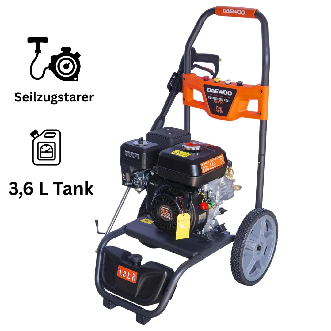Benzin Hochdruckreiniger 207 bar, 7 PS, 12 m Schlauch, Messingpumpe, Profi Flächenreiniger für Stein & Industrie