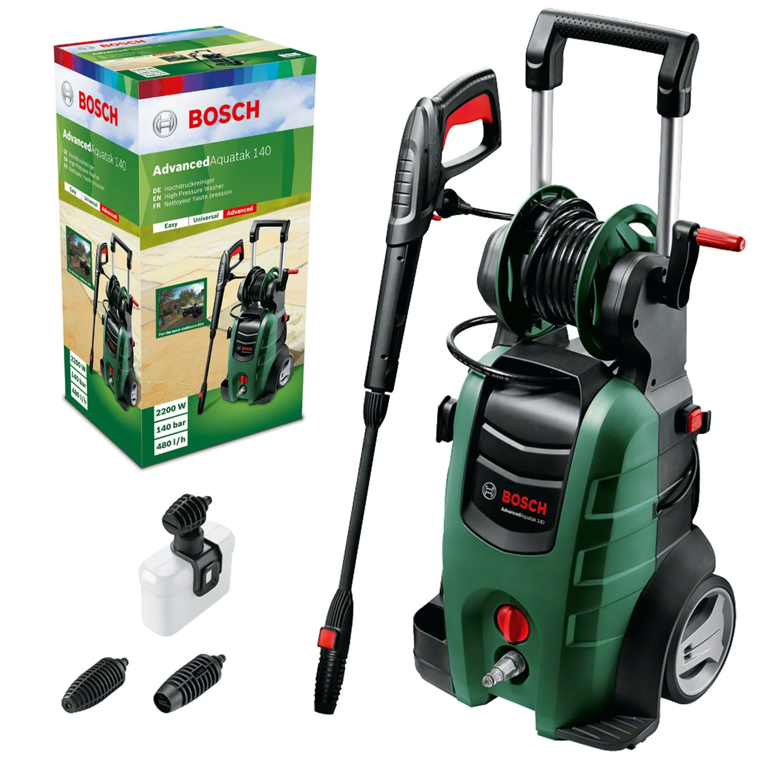 Bosch AdvancedAquatak 140 Hochdruckreiniger, 2100 W, 140 bar, 450 l/h, vielseitig, Zubehör & Aufbewahrungsfach inklusive
