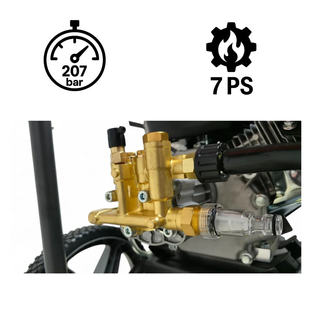 Benzin Hochdruckreiniger 207 bar, 7 PS, 12 m Schlauch, Messingpumpe, Profi Flächenreiniger für Stein & Industrie
