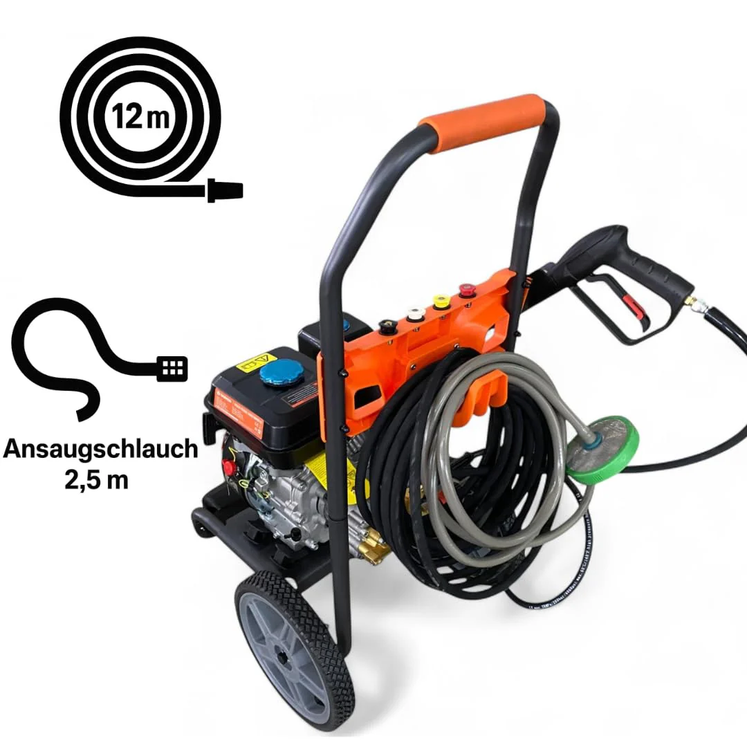 Benzin Hochdruckreiniger 207 bar, 7 PS, 12 m Schlauch, Messingpumpe, Profi Flächenreiniger für Stein & Industrie