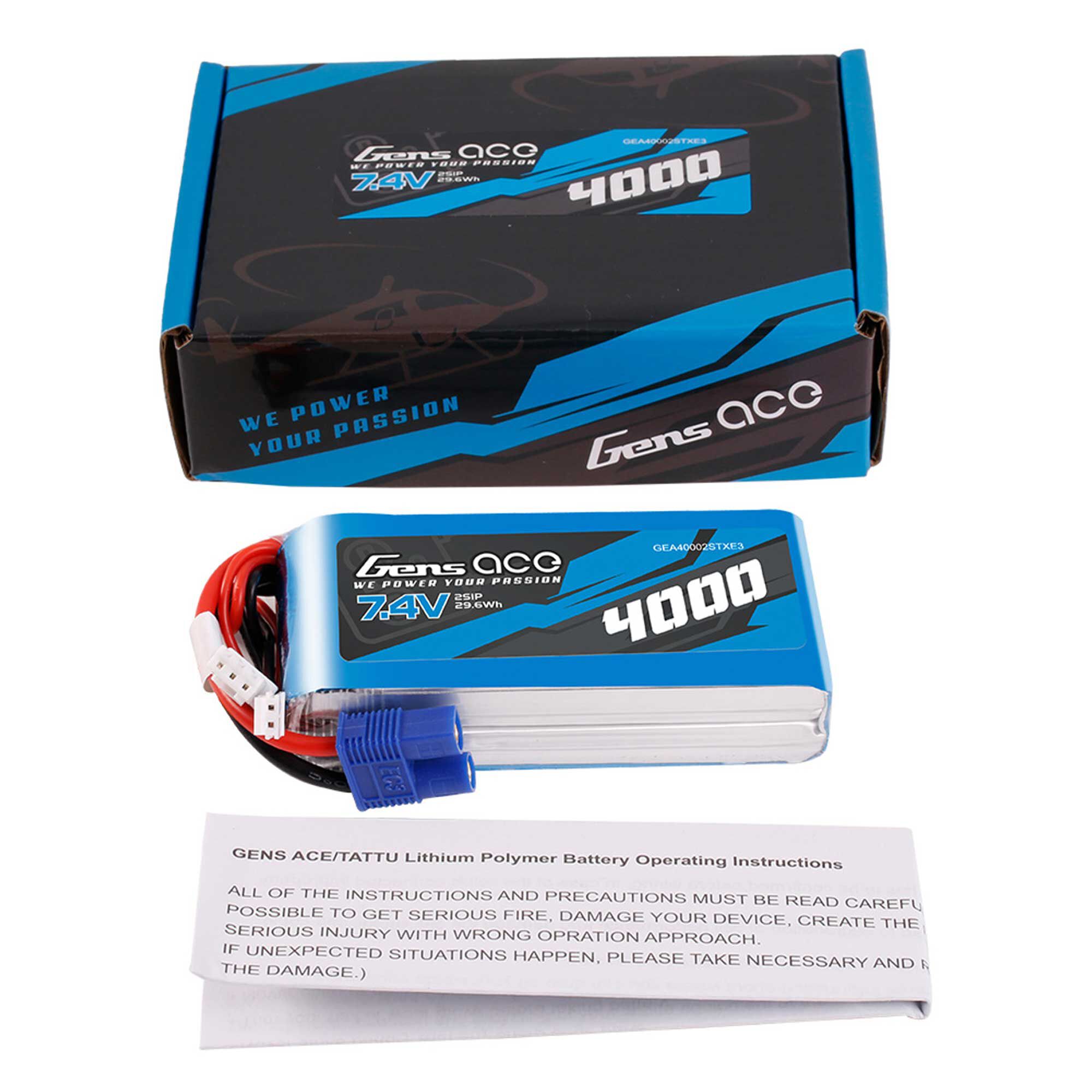 Gens ace 7.4V 4000mAh 2S Receiver LiPo Battery: EC3, JR