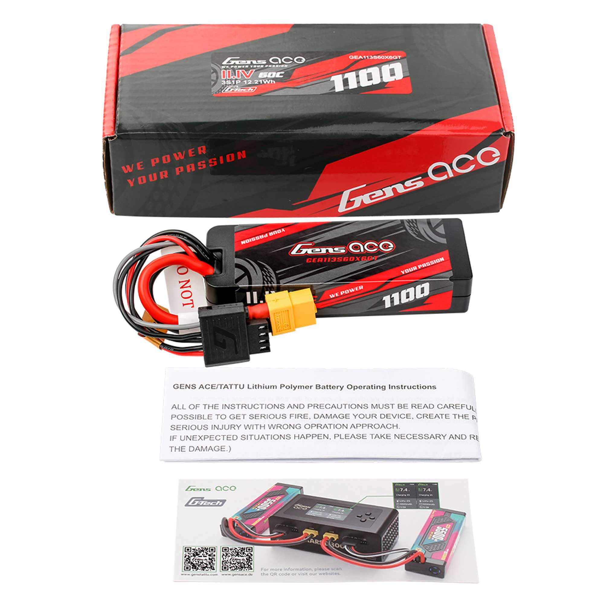 Gens ace 11.1V 1100mAh 3S 60C Hardcase G-Tech LiPo Battery: XT60