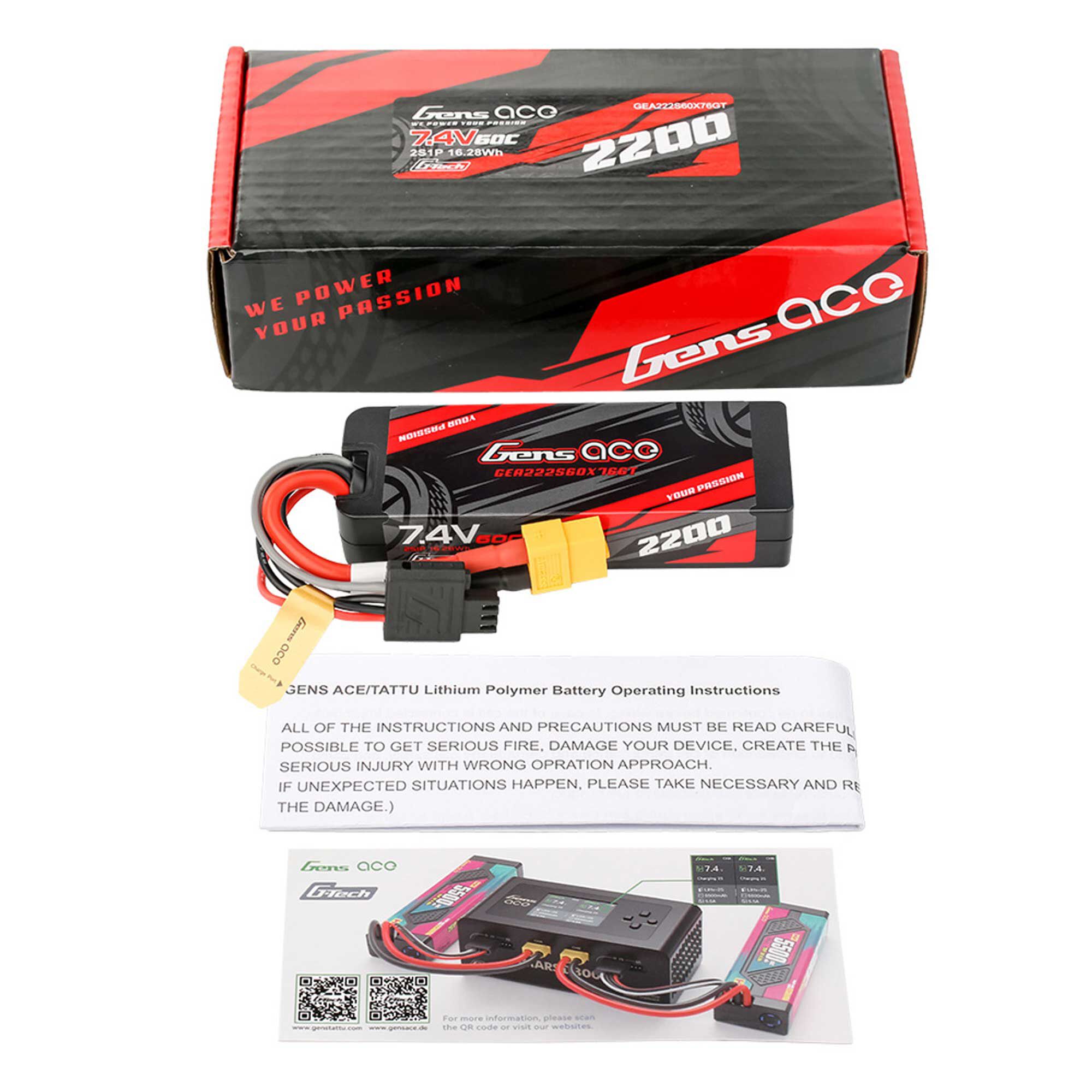 Gens ace 7.4V 2200mAh 2S 60C Hardcase G-Tech LiPo Battery: XT60