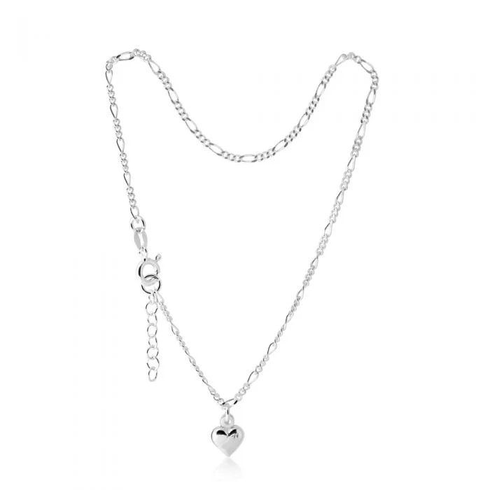 Sterling Silver Heart Charm Figaro Anklet 25cm