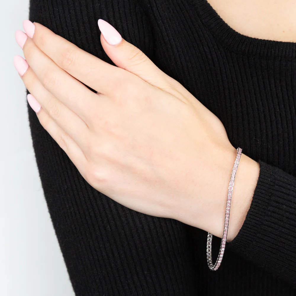 9ct White Gold 2mm Square Pink CZ 19cm Tennis Bracelet