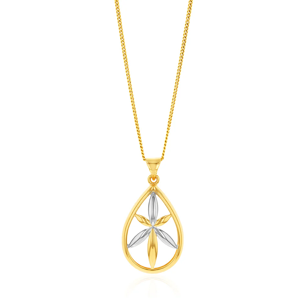 9ct Yellow And White Gold Flower In Pear Shape Pendant