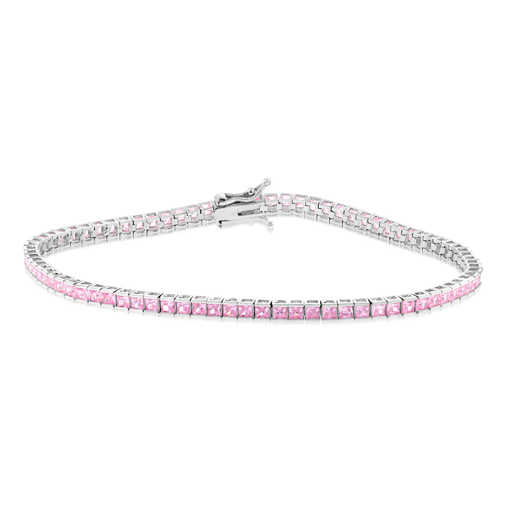 9ct White Gold 2mm Square Pink CZ 19cm Tennis Bracelet