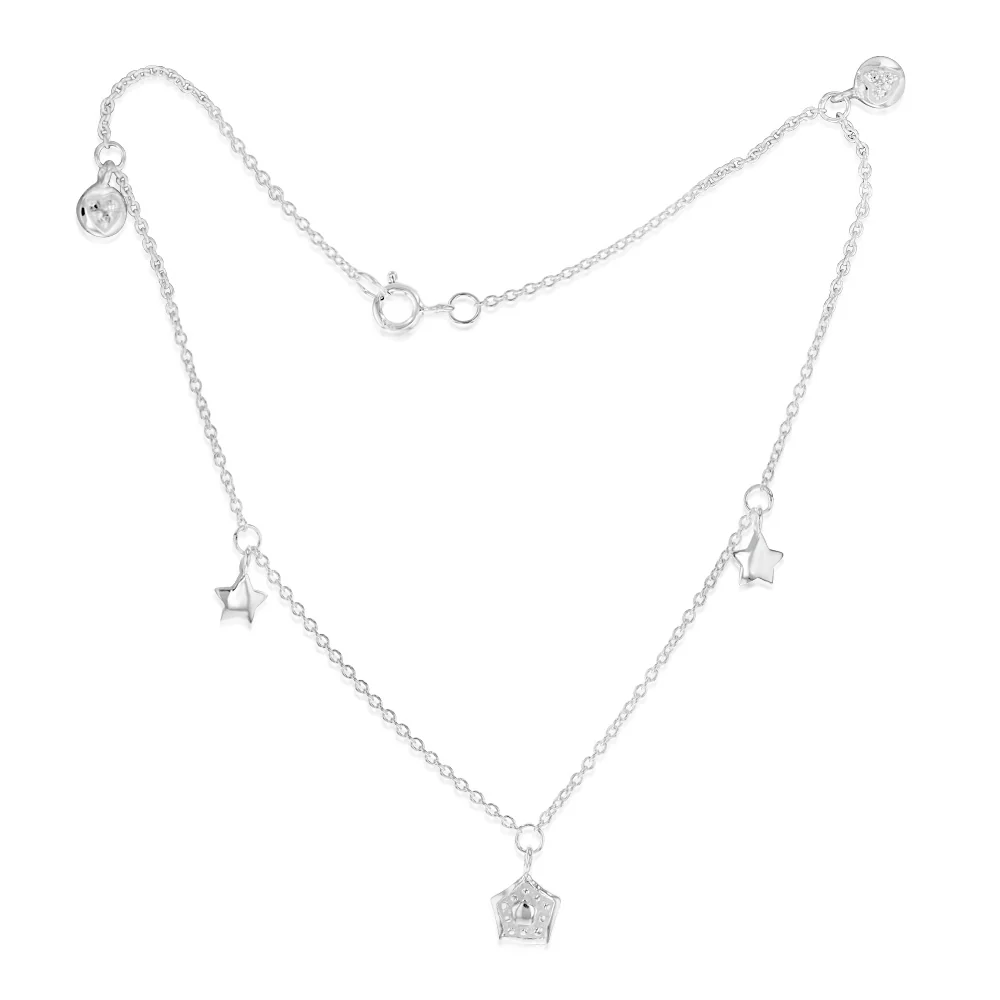 Sterling Silver CZ Leaf & Star Charm Anklet
