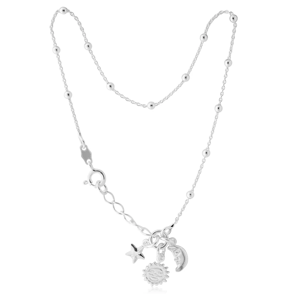 Sterling Silver Sun Moon Star Charm Anklet