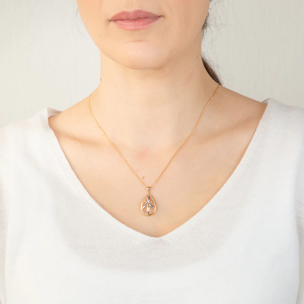 9ct Yellow And White Gold Flower In Pear Shape Pendant