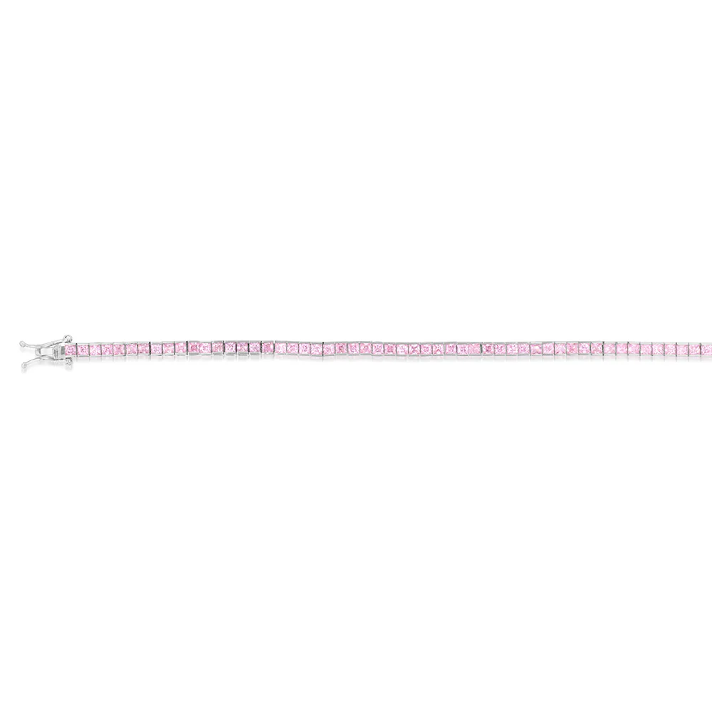 9ct White Gold 2mm Square Pink CZ 19cm Tennis Bracelet