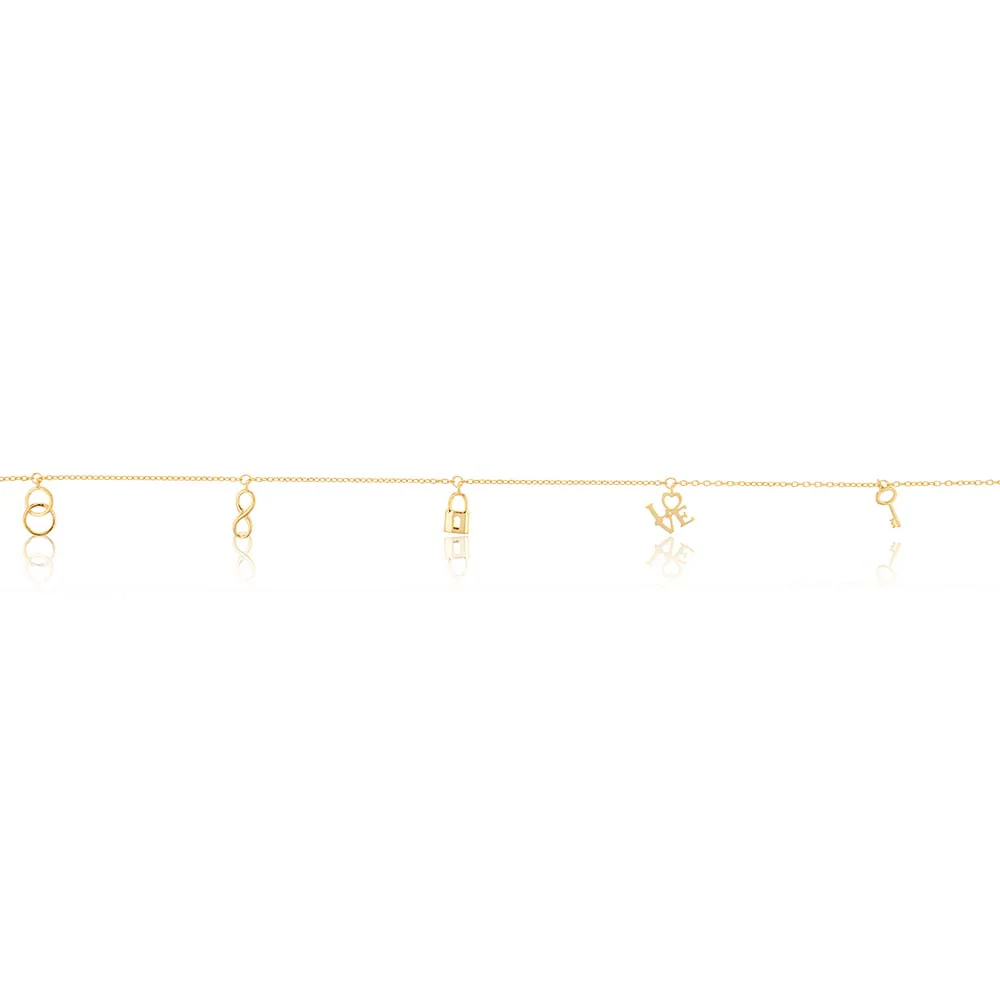 9ct Yellow Gold Six Charm Anklet 27cm