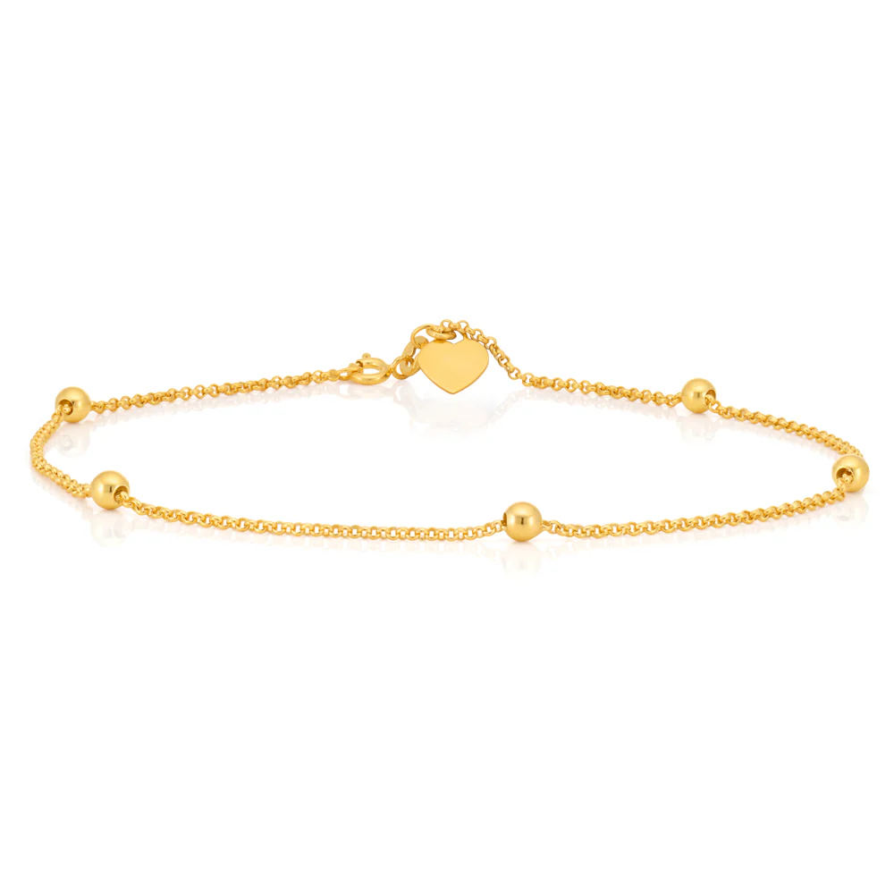 9ct Yellow Gold Heart Charm Anklet 27cm