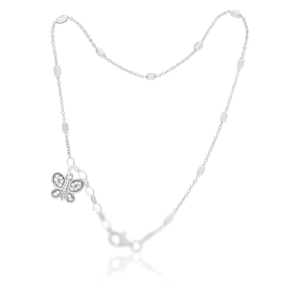 Sterling Silver CZ Butterfly Charm Anklet 26cm