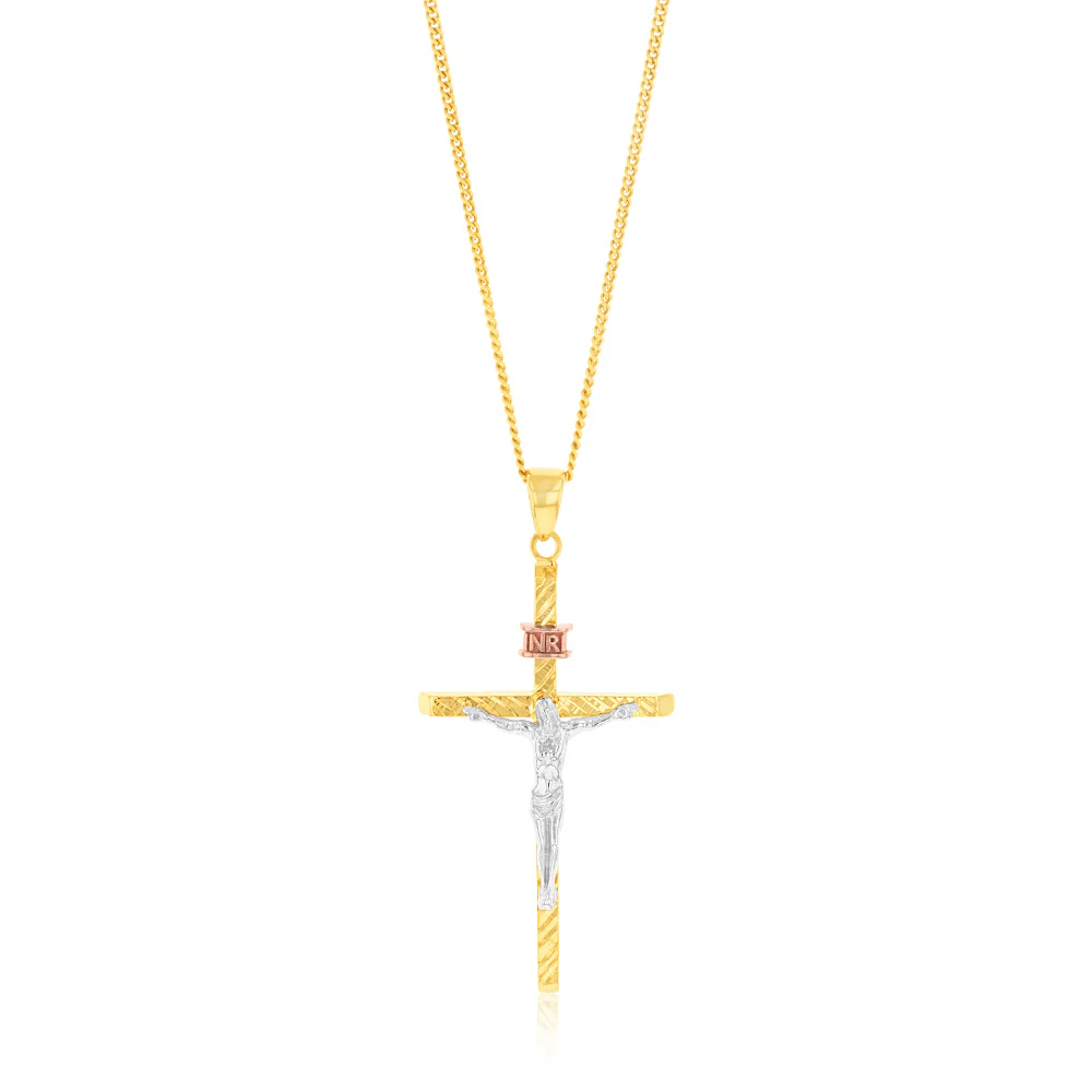 9ct Yellow And White Gold Two Tone Diamond Cut 35mm X 19mm Crucifix Pendant