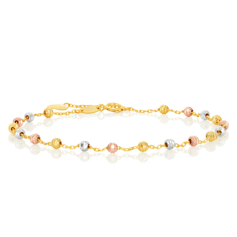 9ct Gold Three Tone Beads Bracelet 17cm With 2cm Extension