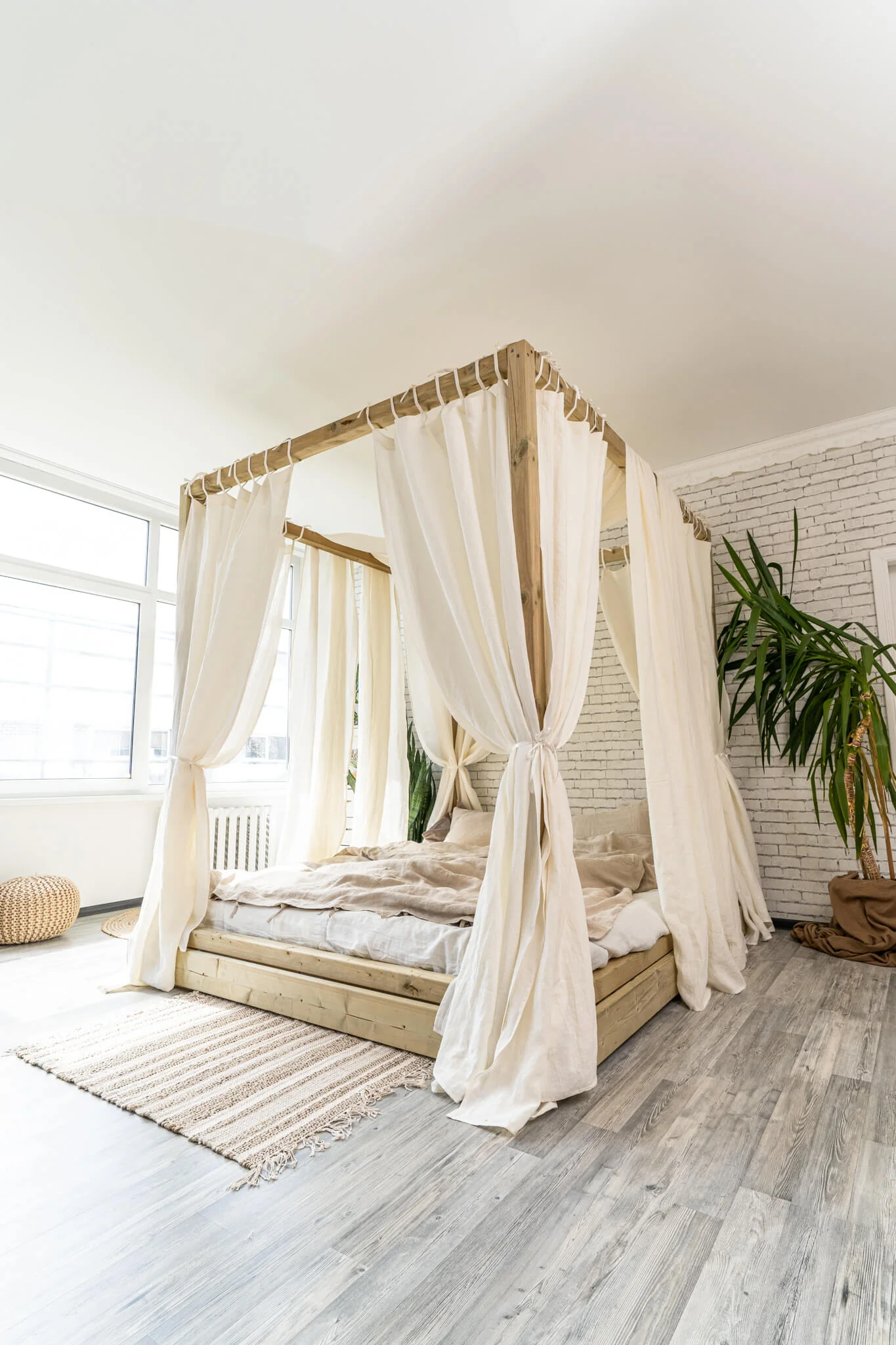 Baldachin-Bettwäsche-Vorhangpaneele mit Bändern in Off-White-Farbe (2er-Set)