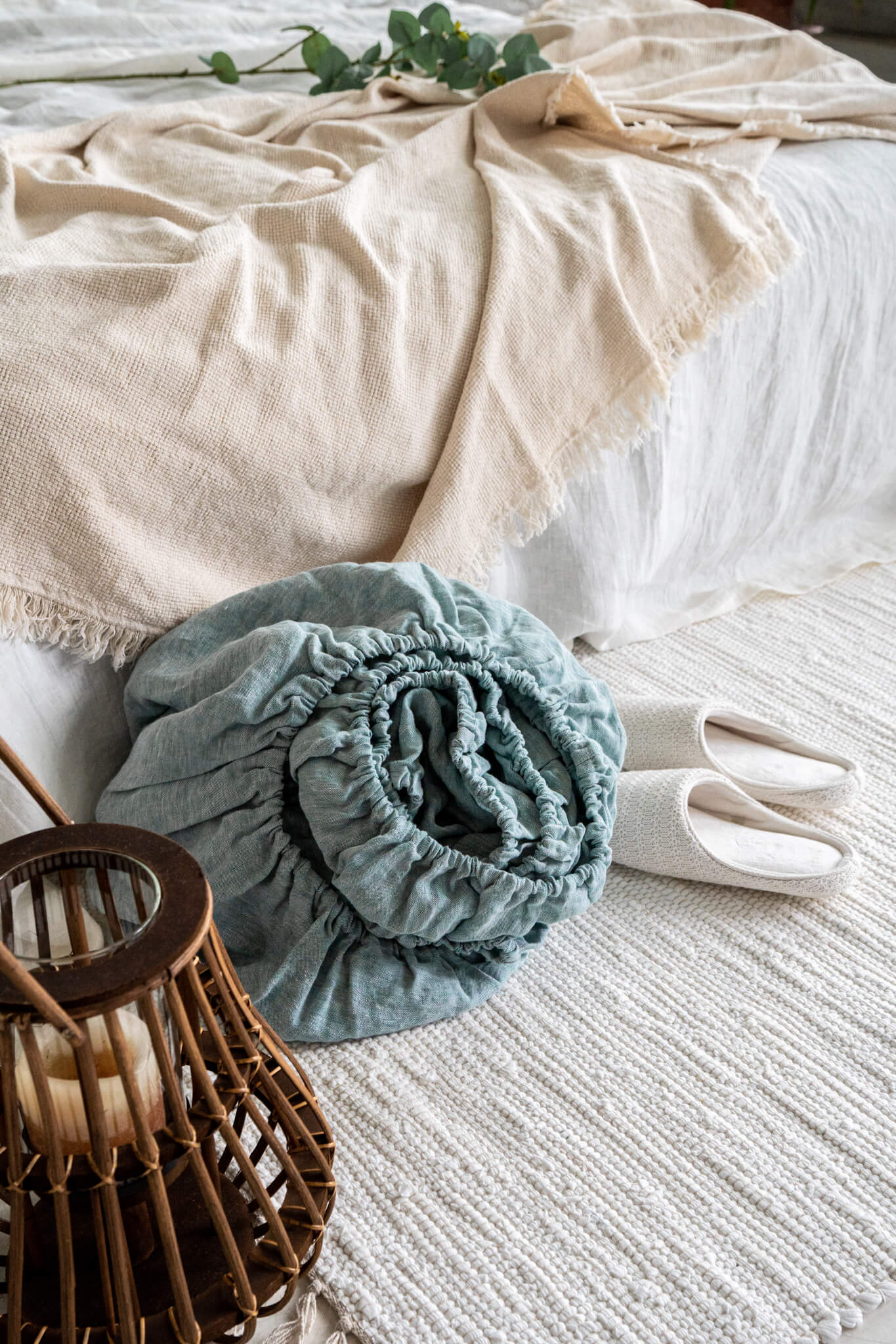 Leinen-Spannbettlaken in Melange-Grün