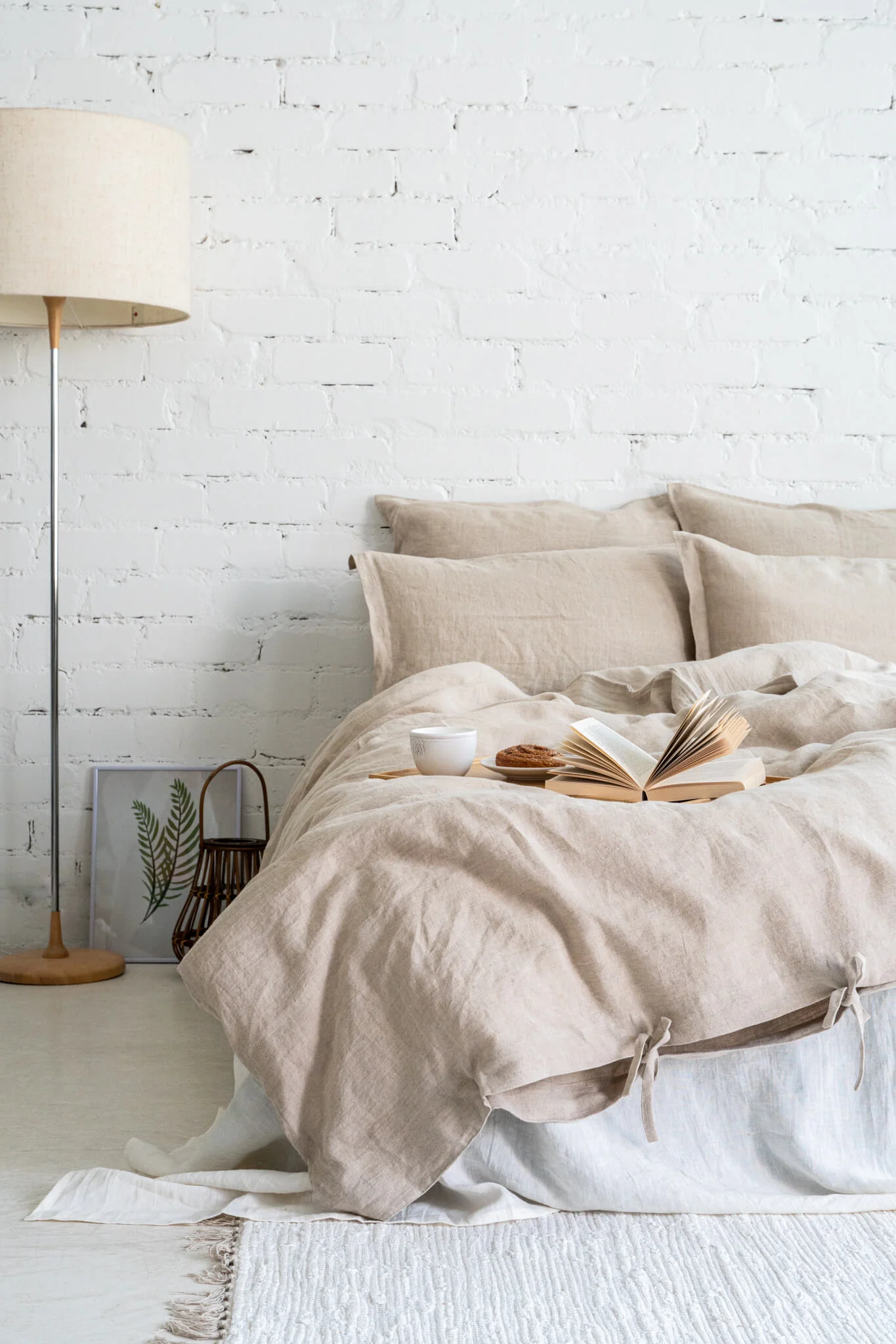 Leinen-Bettwäscheset in Natur: Leinen-Bettbezug mit Bändern + 2 Leinen-Kissenbezüge