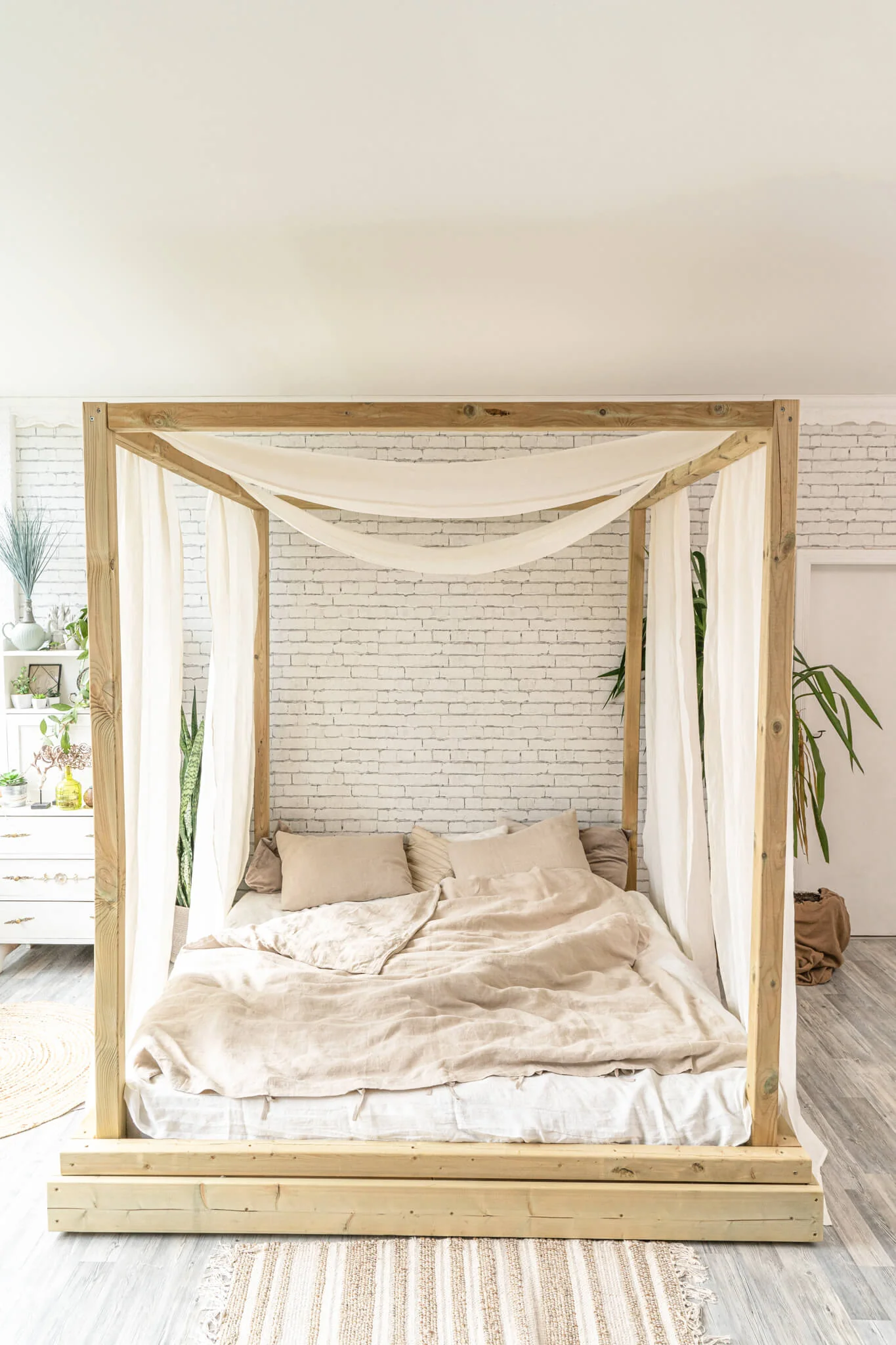 2er Set Vorhänge für Himmelbett in Off White / Leinen Baldachin fürs Bett