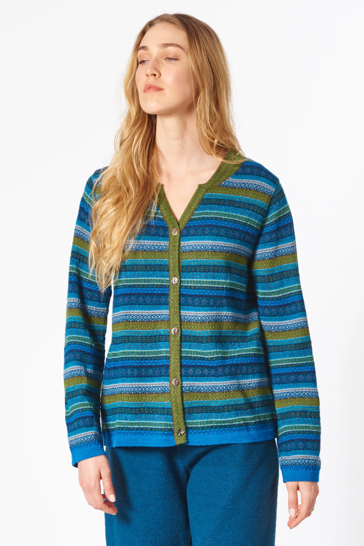Cardigan aus Alpaka Grün-Blau getreift