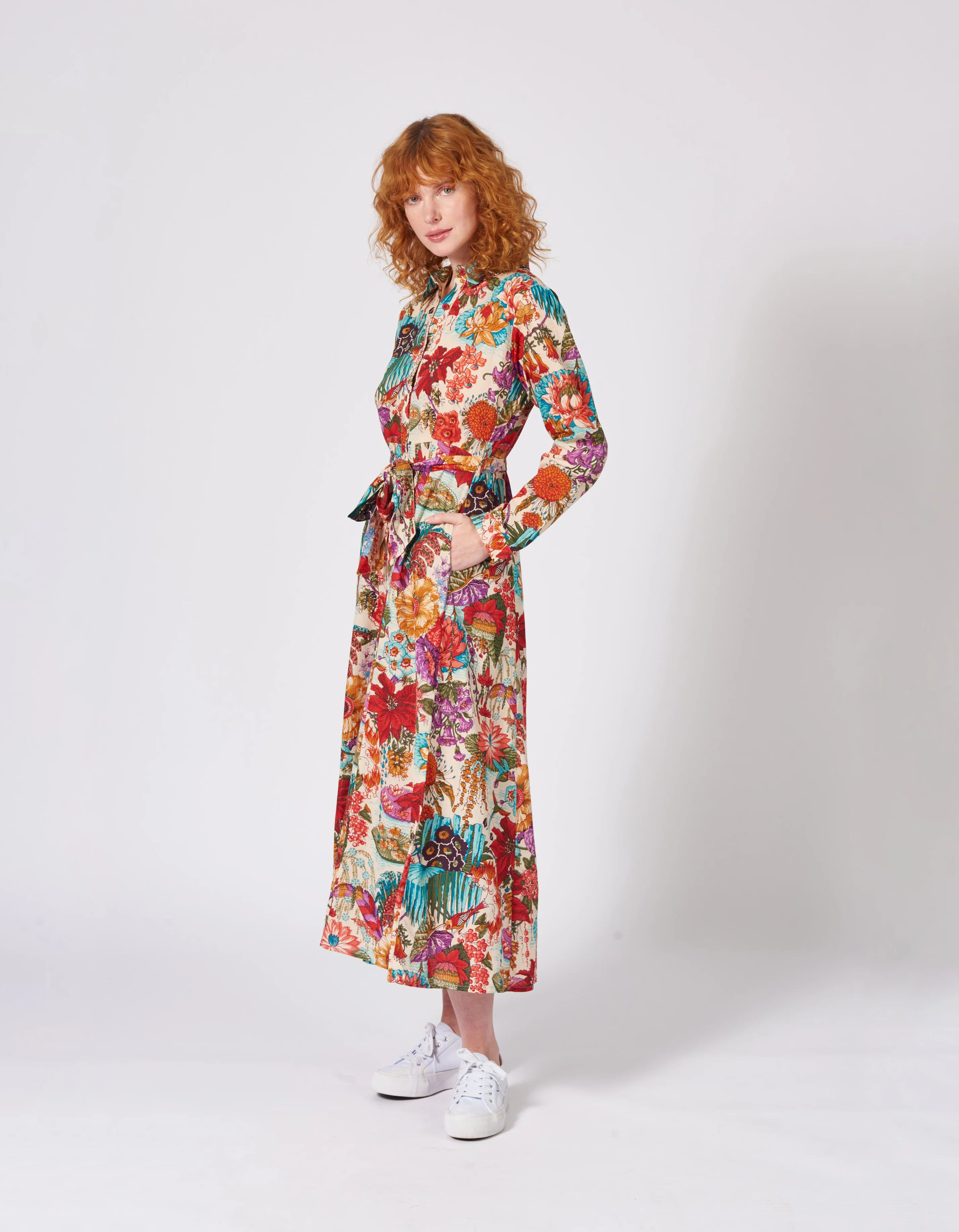Hemdblusenkleid in Maxi-Lnge mit Print aus reiner Bio-Baumwolle