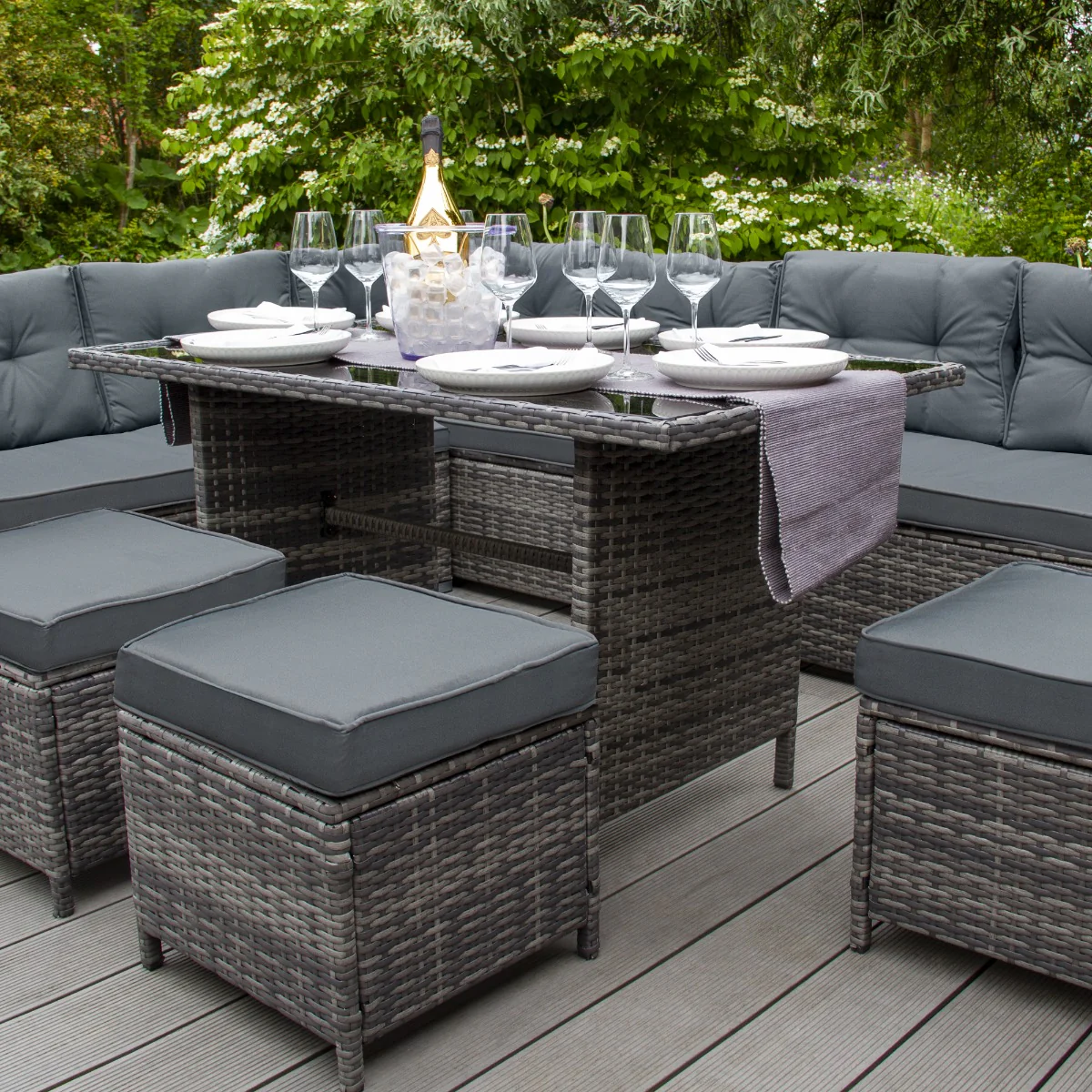 Salon de Jardin 9 personnes & Coffre de Rangement en Rotin – Gris Jardi