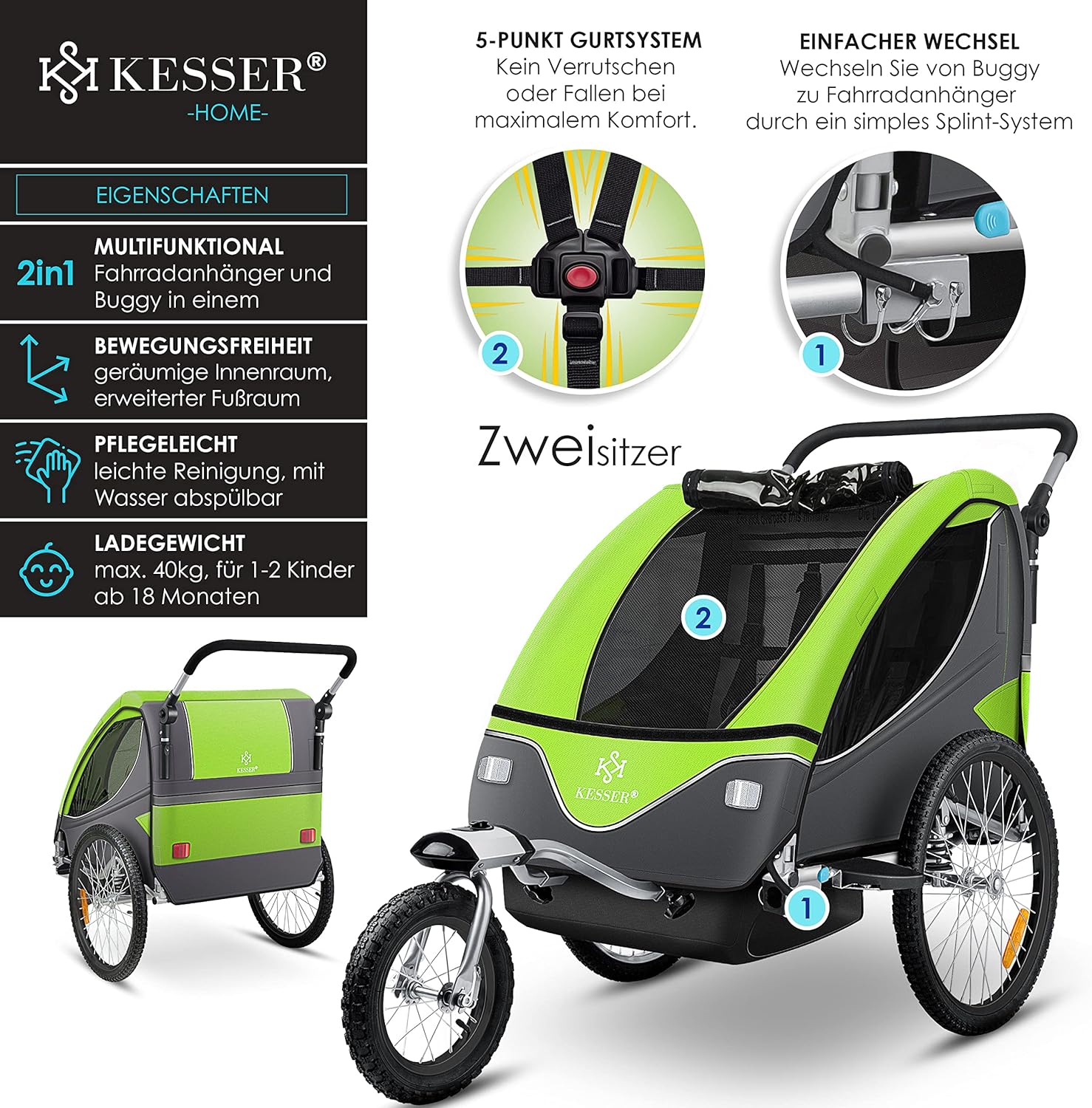KESSER® Remorque de vélo pour enfant - Rotation à 360° - Avec suspension 2 en 1 - Fonction jogger - Remorque de vélo pour enfant - Sangle à 5 points - Pour 1 à 2 enfants - 40 kg