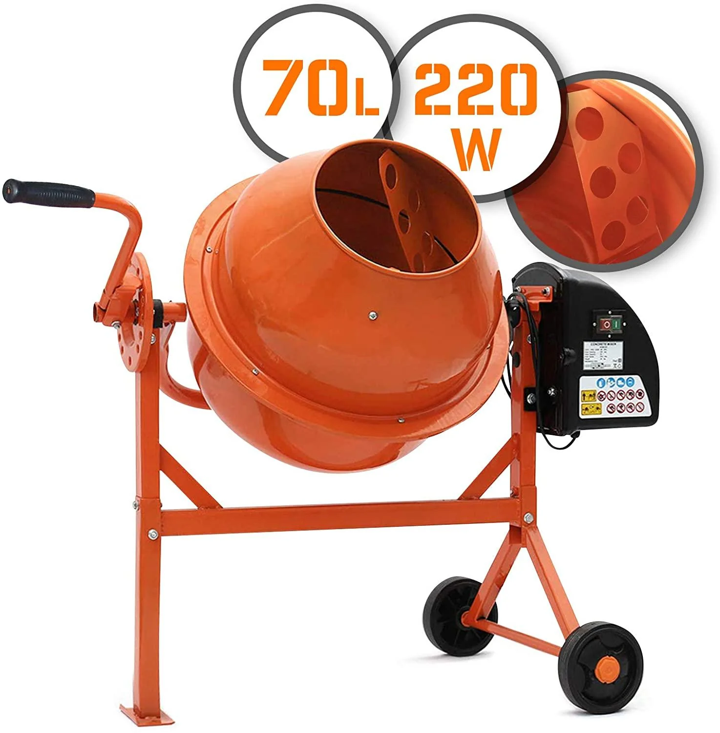 Bétonnière électrique capacité 70 litres 220 watts avec roues en acier bétonnière portable pour ciment béton mortier pltre chape orange et noir 01_0001116
