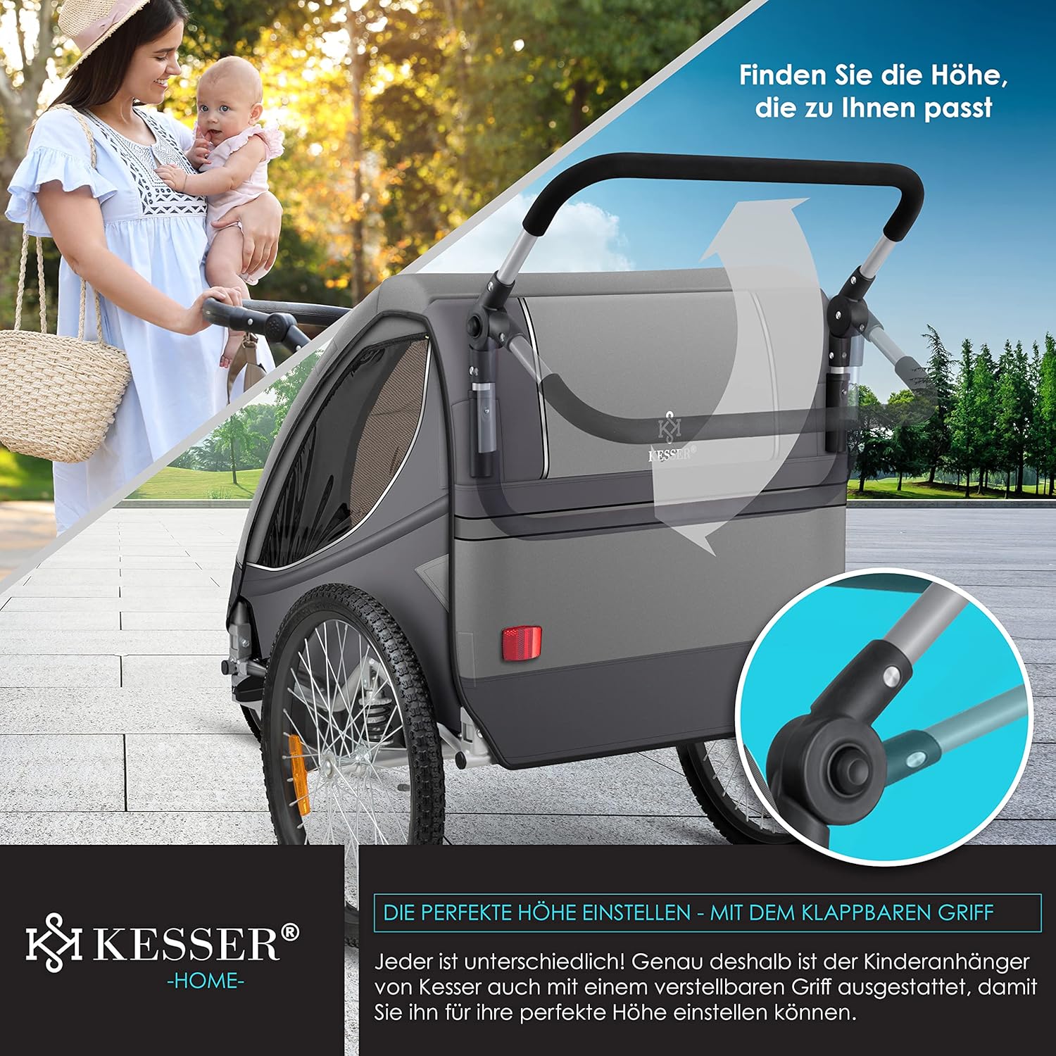 KESSER® Remorque de vélo pour enfant - Rotation à 360° - Avec suspension 2 en 1 - Fonction jogger - Remorque de vélo pour enfant - Sangle à 5 points - Pour 1 à 2 enfants - 40 kg