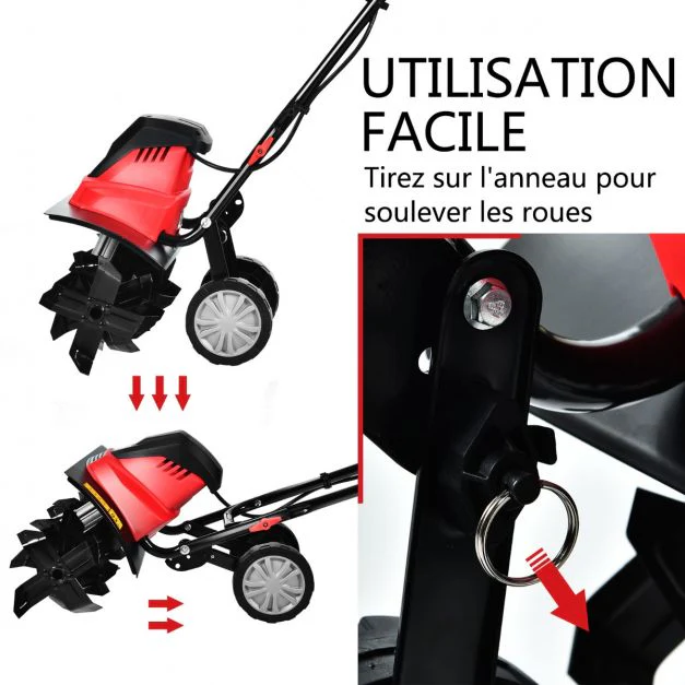 Motobineuse motoculteur électrique 1500 watts profondeur travail 22 cm largeur 43cm avec poignée pliable roues réglables 6 lames 20_0007354