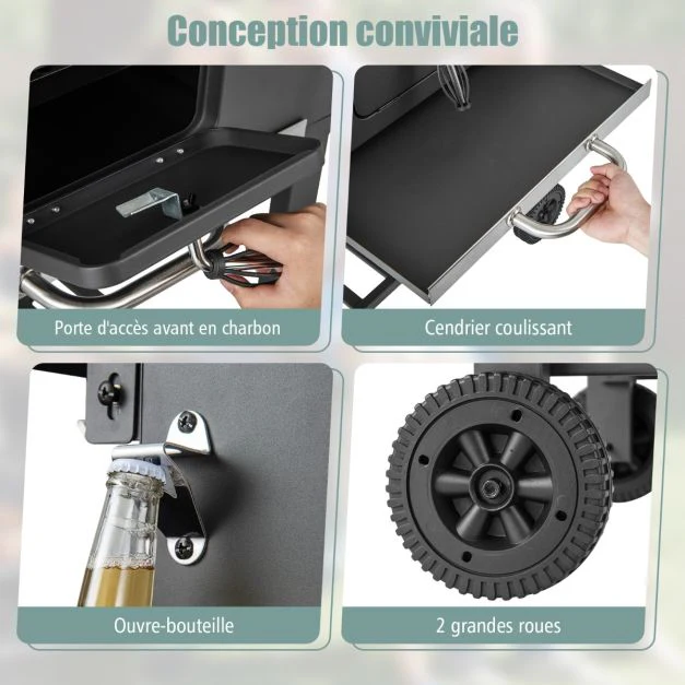 Barbecue à charbon de bois extérieur gril au charbon de bois portable avec 2 tables d'appoint pliables 8 crochets 2 roues ouvre-bouteille pour pique-nique camping patio noir 20_0005579