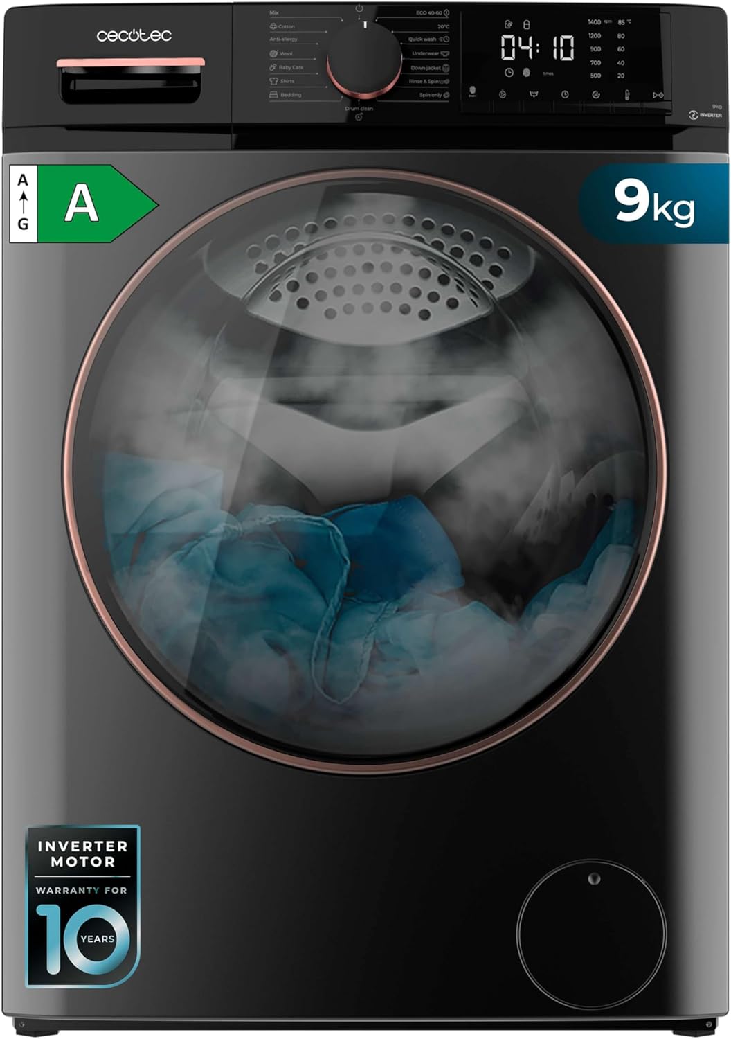 Cecotec Lave-linge 10Kg Bolero DressCode 10610 Inverter Steel A. Chargement Frontale, 1400 RPM, Steam Max, Motor Inverter Plus, 15 Programmes, OnSmart, Stop&Go, Caoutchouc Antibactérien, Drum Clean