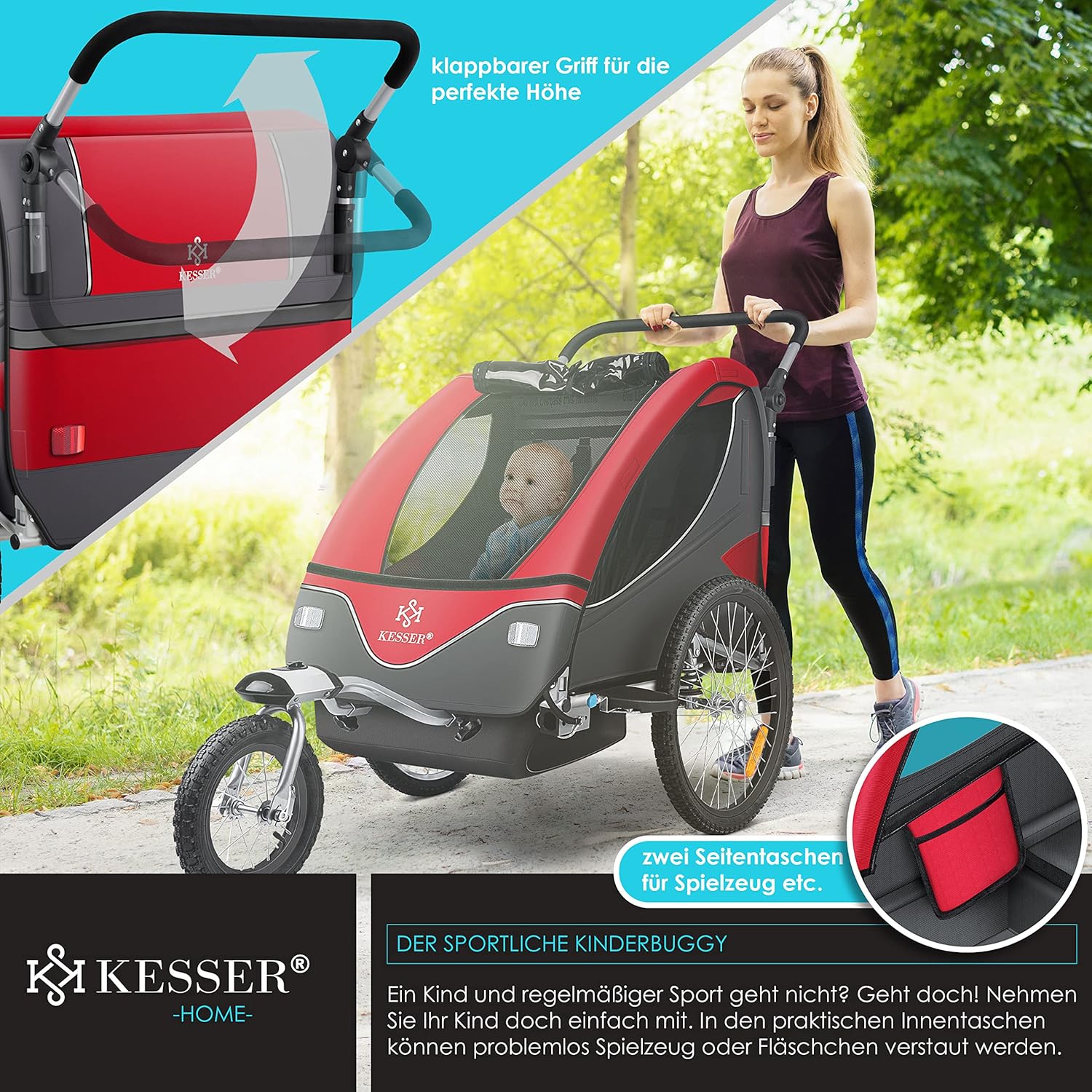 KESSER® Remorque de vélo pour enfant - Rotation à 360° - Avec suspension 2 en 1 - Fonction jogger - Remorque de vélo pour enfant - Sangle à 5 points - Pour 1 à 2 enfants - 40 kg