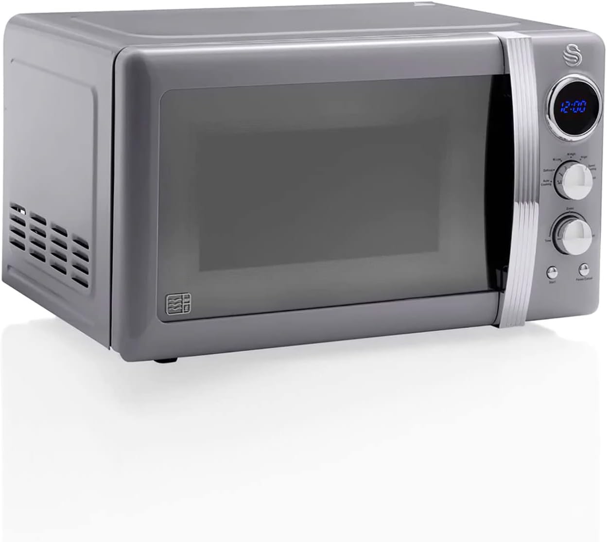 Swan Retro SM22030GRNEU Micro-ondes Numérique 20L, 5 Niveaux de Puissance, Fonction Décongélation, Minuterie 60 Minutes, Porte à Effet Miroir, Plateau Tournant 27cm, Design Vintage, Gris, 800W