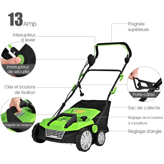 Déchaumeuse de pelouse 2 en 1 scarificateur électrique filaire avec double interrupteur de sécurité réglable à 4 positions vert 20_0008419