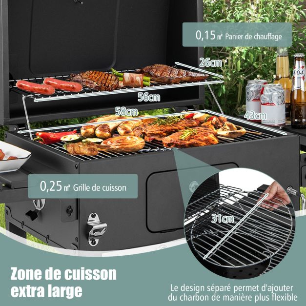 Barbecue à charbon de bois extérieur gril au charbon de bois portable avec 2 tables d'appoint pliables 8 crochets 2 roues ouvre-bouteille pour pique-nique camping patio noir 20_0005579
