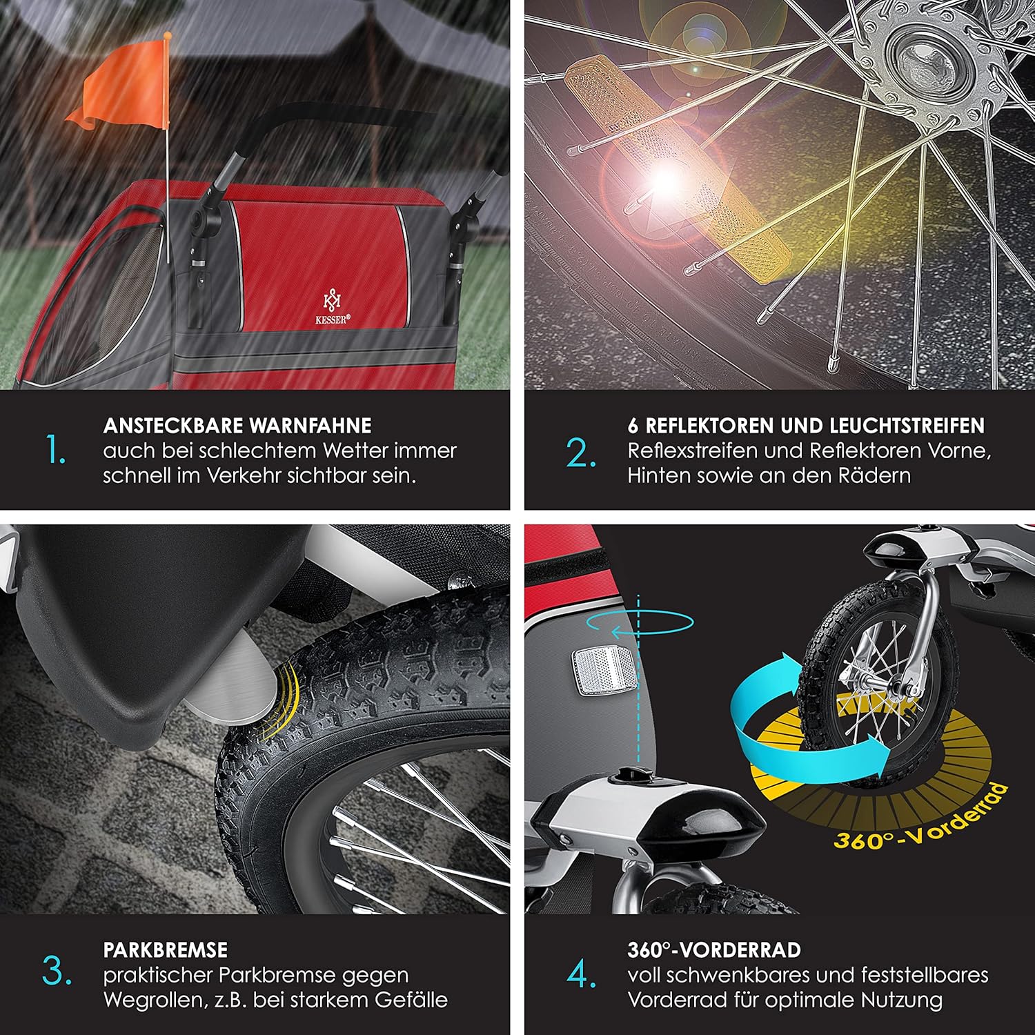 KESSER® Remorque de vélo pour enfant - Rotation à 360° - Avec suspension 2 en 1 - Fonction jogger - Remorque de vélo pour enfant - Sangle à 5 points - Pour 1 à 2 enfants - 40 kg