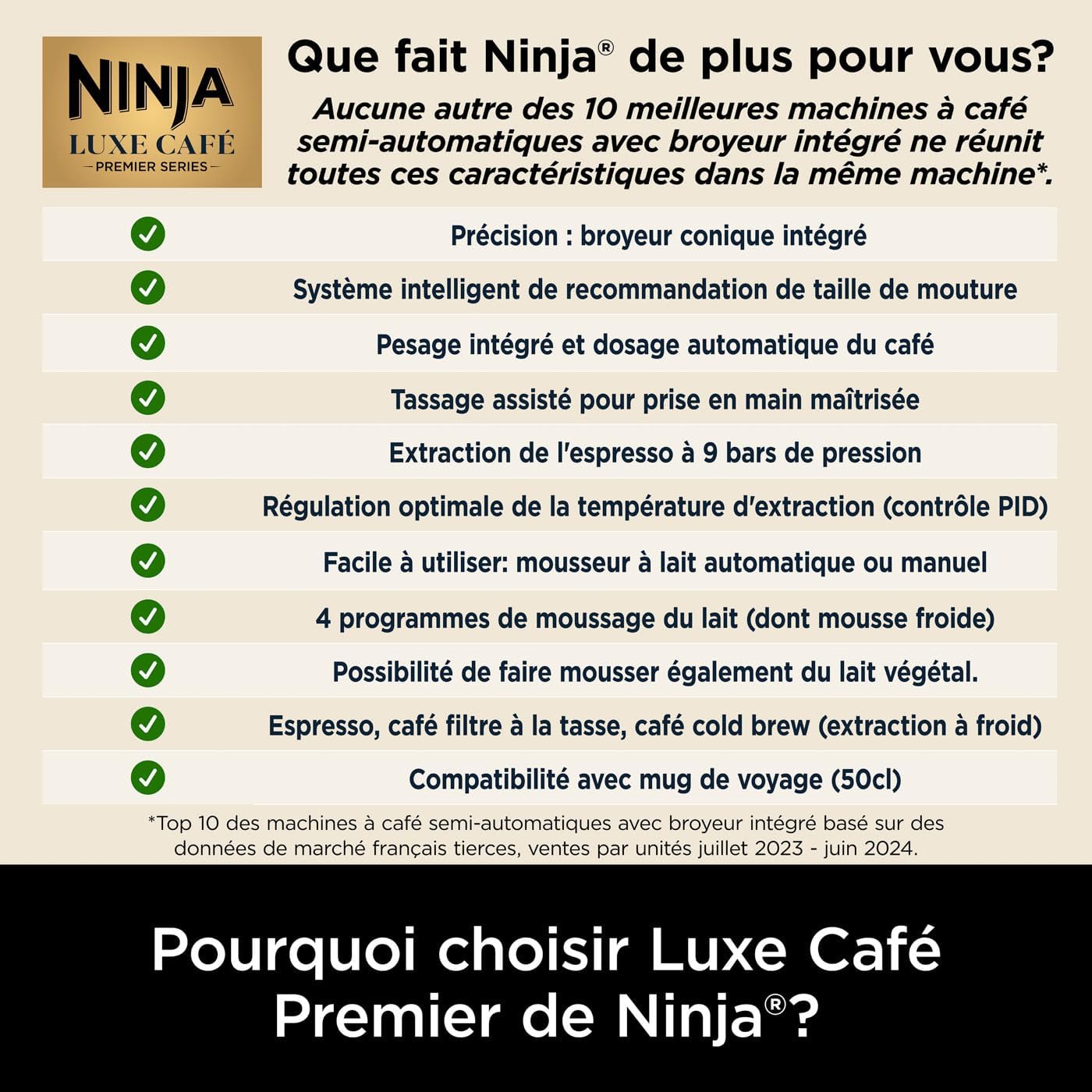 NINJA Machine à café Luxe Premier 3-en-1, Latte, Cappuccino, Infusion à froid et Espresso avec broyeur à grains et mousseur à lait intégrés, facile à utiliser, EU Prise, argent, ES601EU