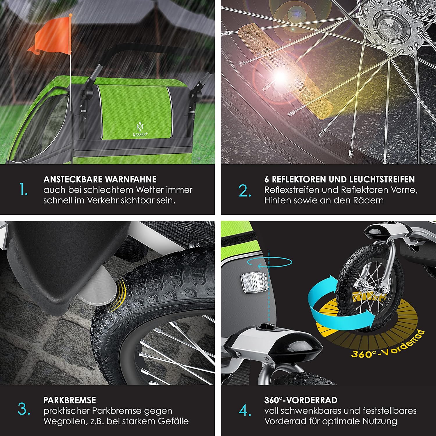 KESSER® Remorque de vélo pour enfant - Rotation à 360° - Avec suspension 2 en 1 - Fonction jogger - Remorque de vélo pour enfant - Sangle à 5 points - Pour 1 à 2 enfants - 40 kg