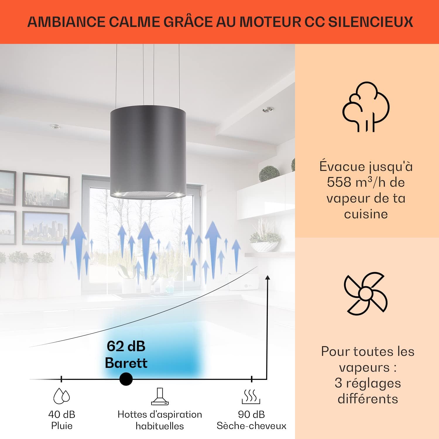 KLARSTEIN Barett - hotte aspirante îlot, hotte aspirante silencieuse Ø 35cm, Puissance Moteur 190W, 560 m³/h Max, 3 Niveaux de Puissance, éclairage LED, INOX - Argent