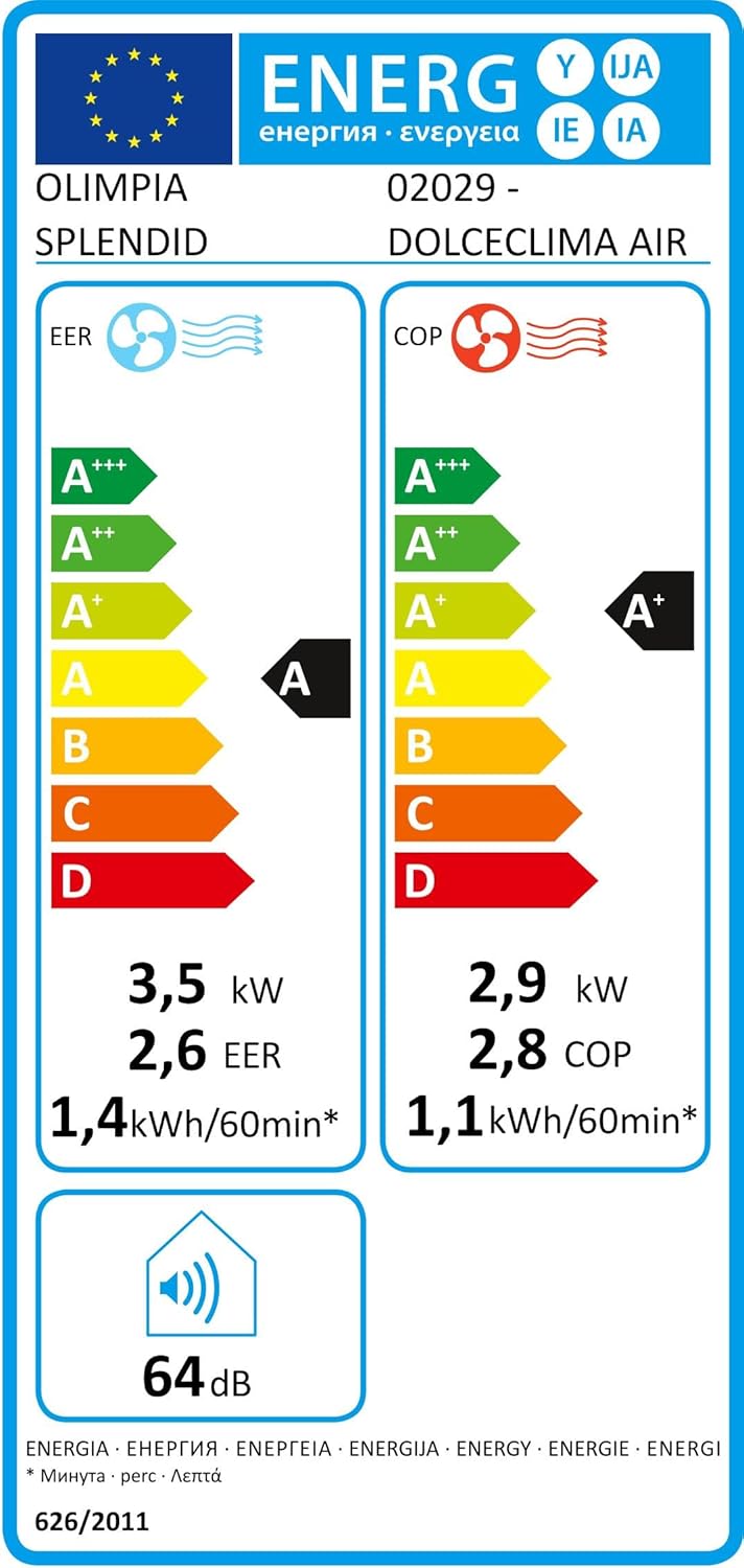 Olimpia Splendid-02265 Dolceclima Compact 8X- Climatiseur portable 3-en-1 : Refroidissement, ventilation, déshumidification, 8 000 Btu/H, 2.1 Kw, Gaz R290, blanc-pour les pièces jusqu'à 60m³