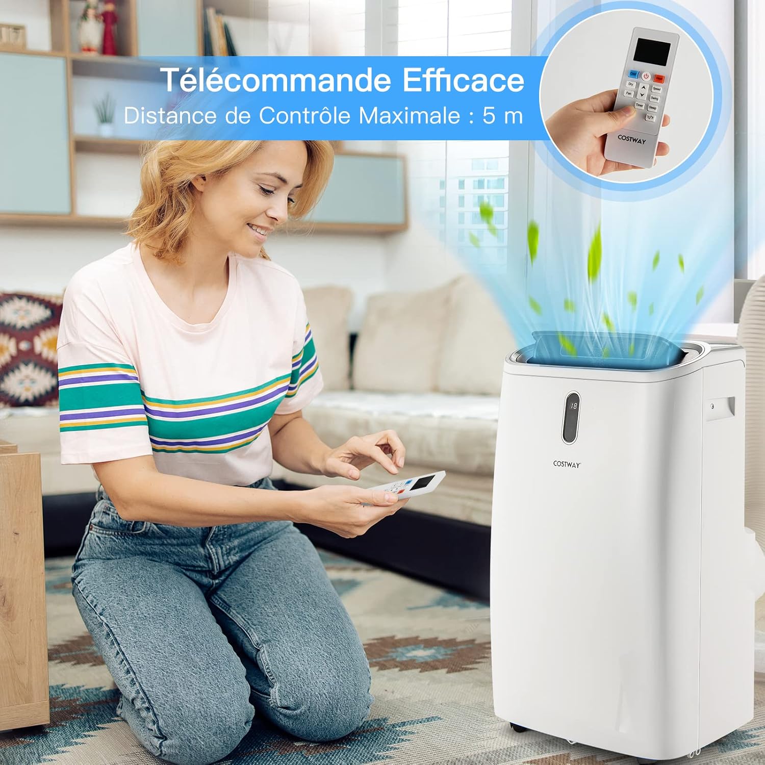 COSTWAY Climatiseur Mobile Silencieux 16000BTU, 5 EN 1,Refroidissement,Chauffage,Ventilateur,Déshumidificateur,Mode Nuit,Climatisation Rapide,Clim Mobile