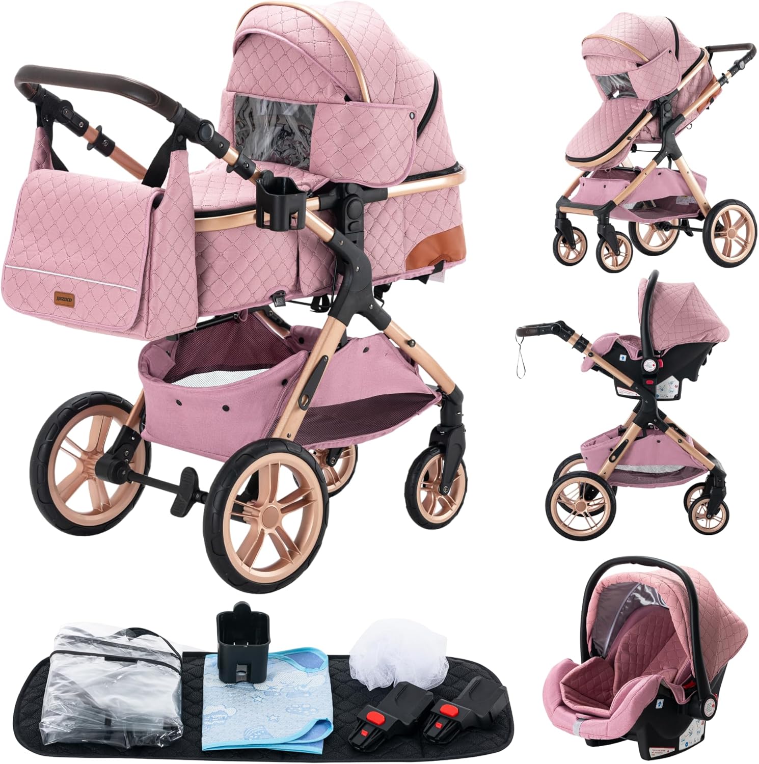 YAZOCO Poussette 3 en 1 Pliable Poussette Bebe Confort Moustiquaire, Couvre - Pieds, Porte - Gobelet, Coussin Poussettes et Landaus