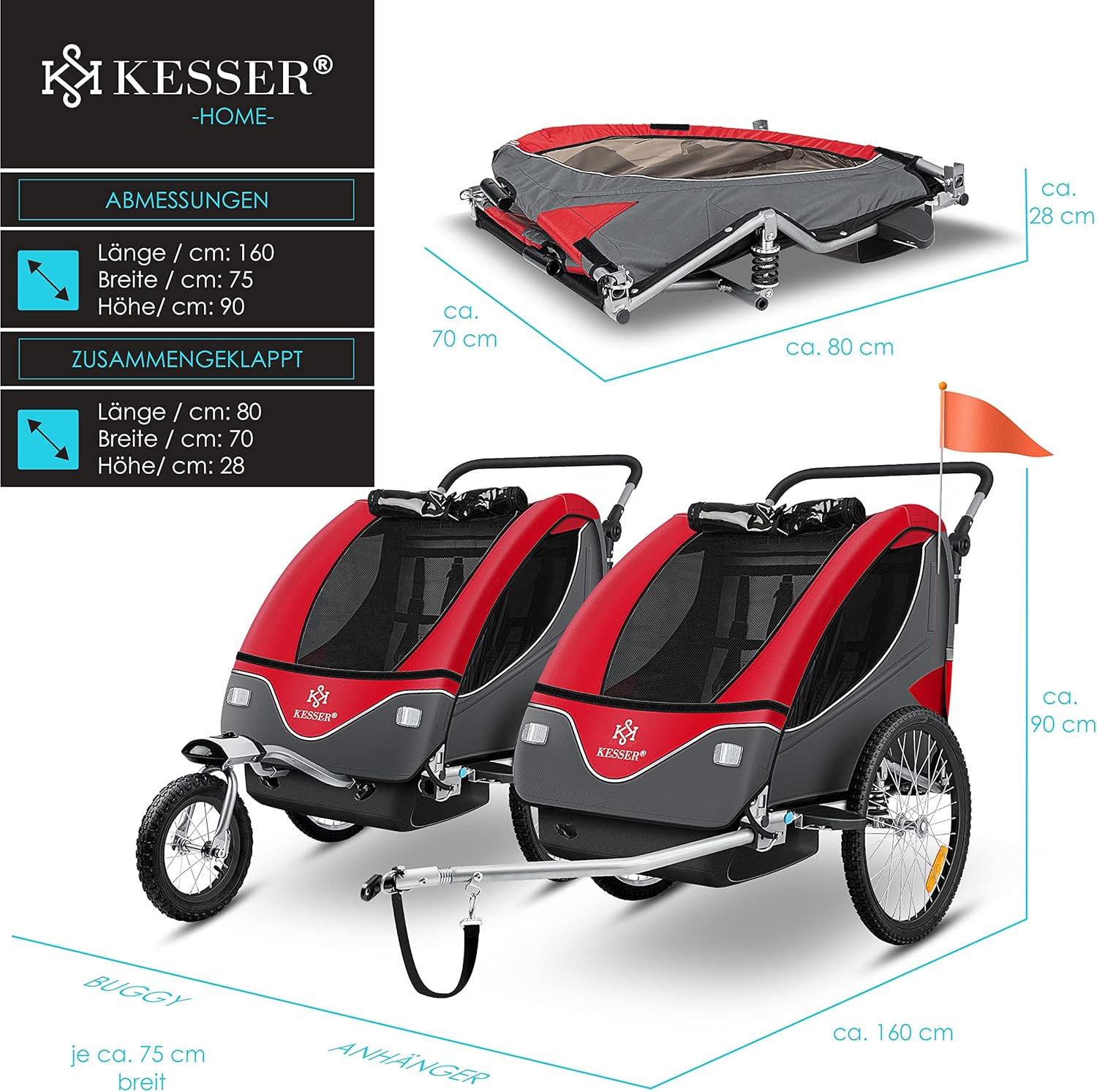 KESSER® Remorque de vélo pour enfant - Rotation à 360° - Avec suspension 2 en 1 - Fonction jogger - Remorque de vélo pour enfant - Sangle à 5 points - Pour 1 à 2 enfants - 40 kg