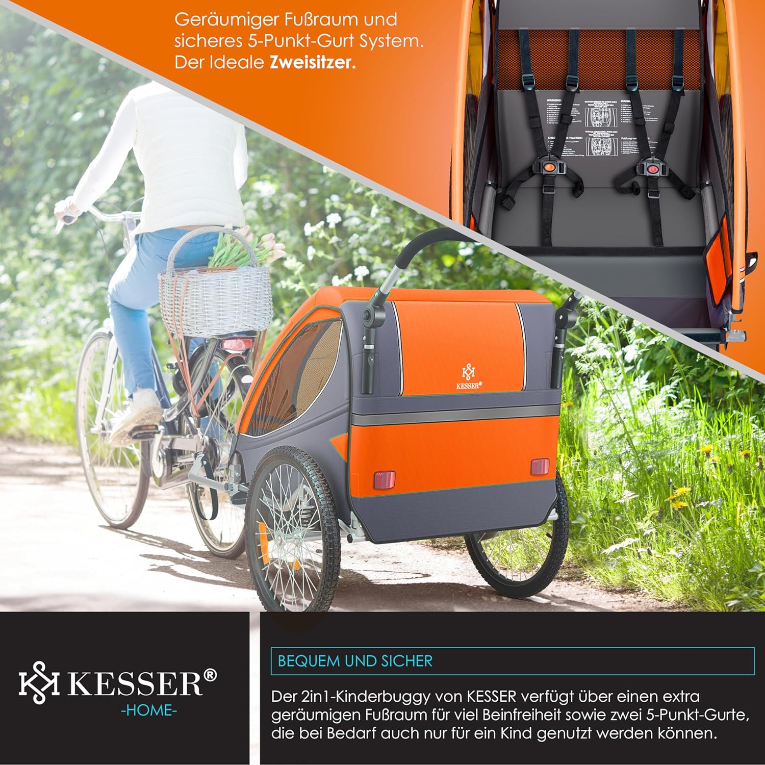 KESSER® Remorque de vélo pour enfant - Rotation à 360° - Avec suspension 2 en 1 - Fonction jogger - Remorque de vélo pour enfant - Sangle à 5 points - Pour 1 à 2 enfants - 40 kg