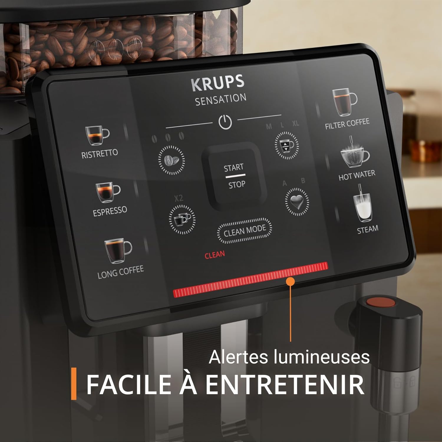 Krups Sensation C50, Machine à café grains, 5 Boissons en accès direct, Interface tactile couleur, Facile à utiliser, Nettoyage sans effort, Buse manuelle Cappuccino, Fabriqué en France EA910810