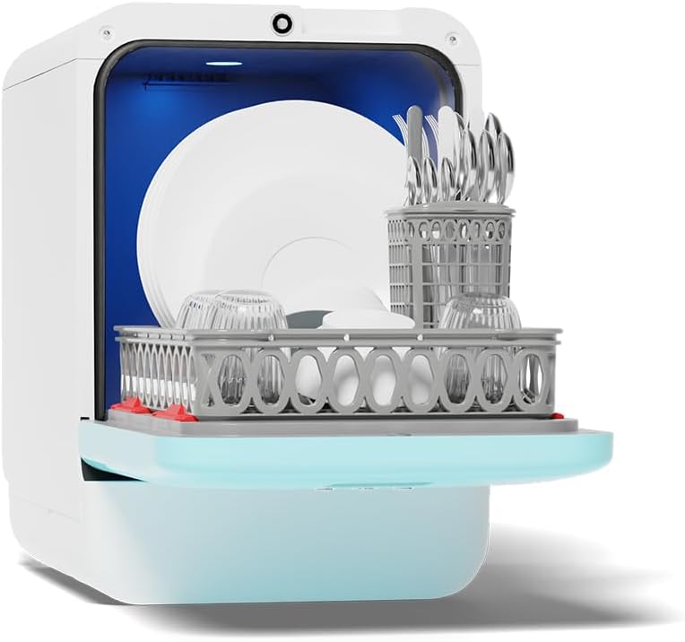 DAAN TECH Bob - Lave-vaisselle Compact 3 Couverts Encastrable - Pose Libre, Avec Réservoir, Portable - Séchage Naturel - Assiette 29 cm - Label Origine France Garantie, Eco-Conçu (Blanc-Rouge)